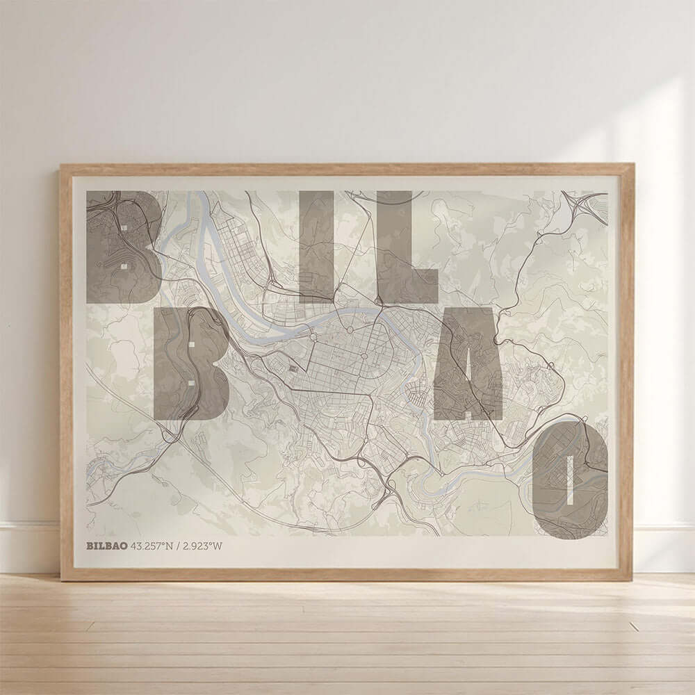 Lámina creativa de Bilbao – Diseño gráfico y tipografía sobre mapa