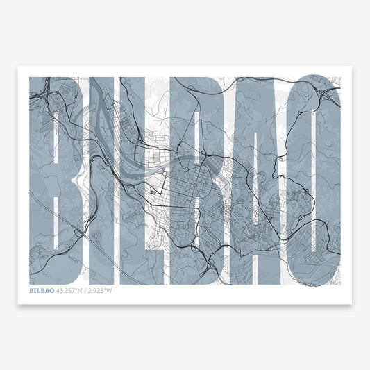 The map of Bilbao and letters of its name in a giclée print designed in orange and an off-white background