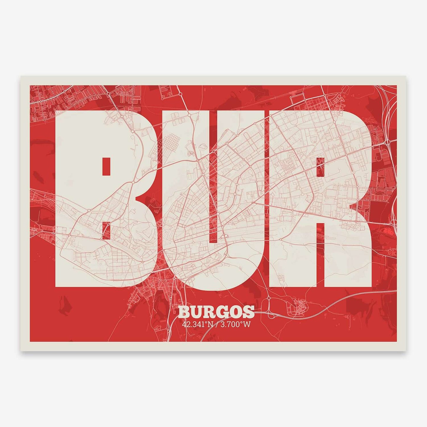 The map of Burgos composed with letters in a heavy geometric font printed on red and an off-white background