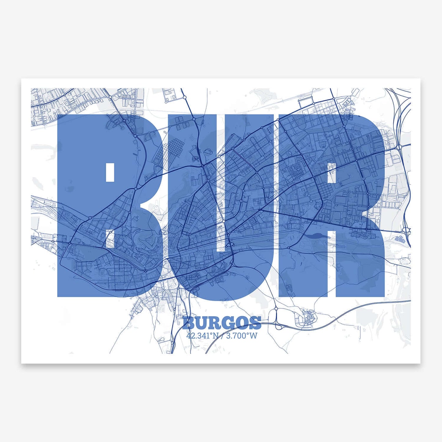 The map of Burgos composed with letters in a heavy geometric font printed on navy blue and white