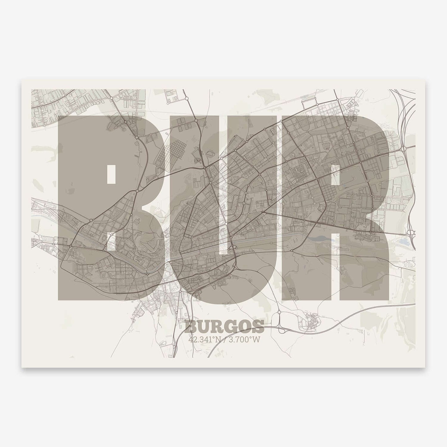 The map of Burgos composed with letters in a heavy geometric font printed on light brown and an off-white background