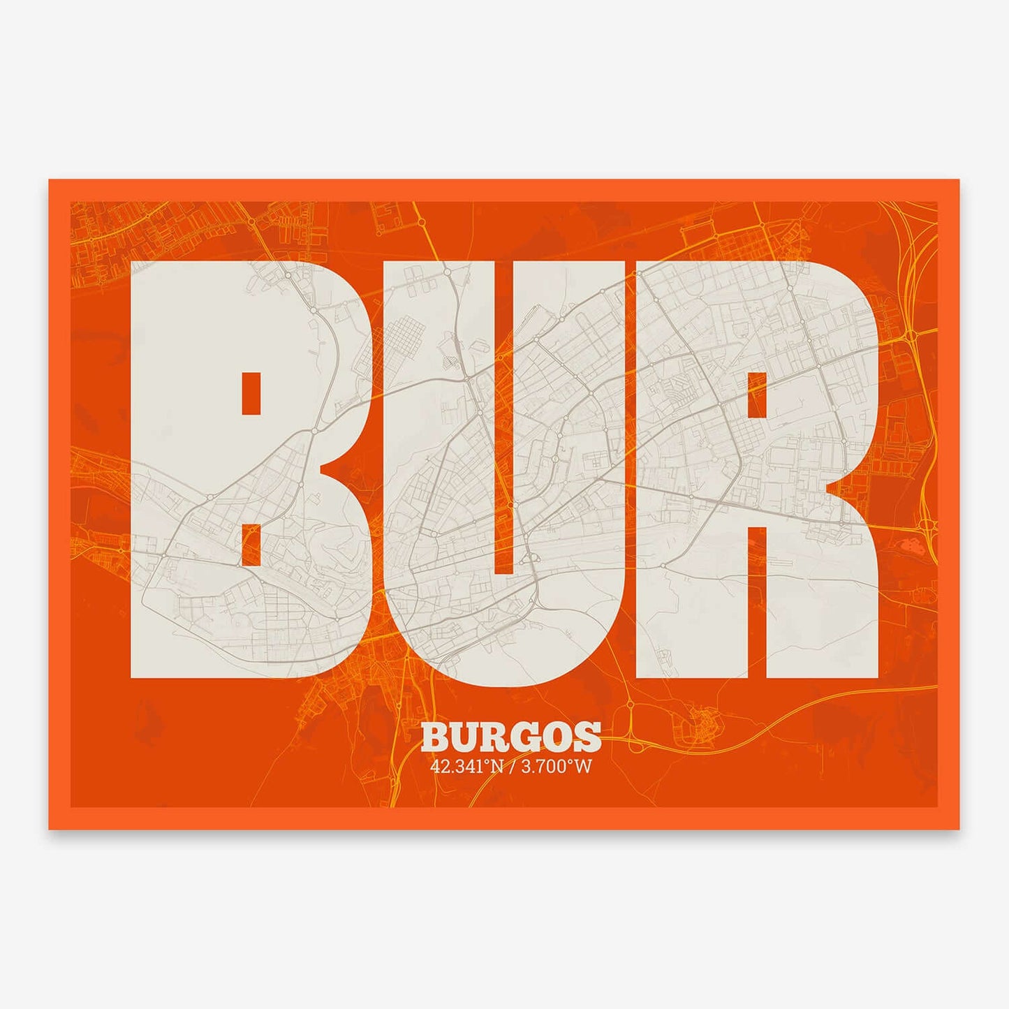 The map of Burgos composed with letters in a heavy geometric font printed on orange and an off-white background