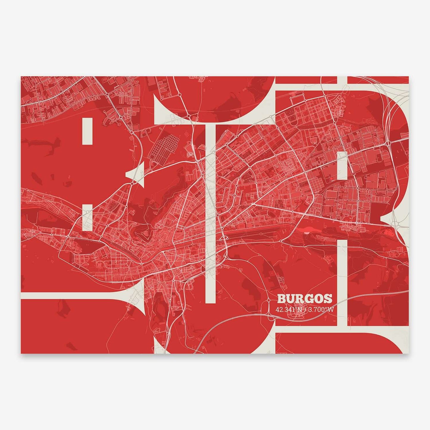 The map of Burgos composed with letters from its name or IATA code printed on red and an off-white background
