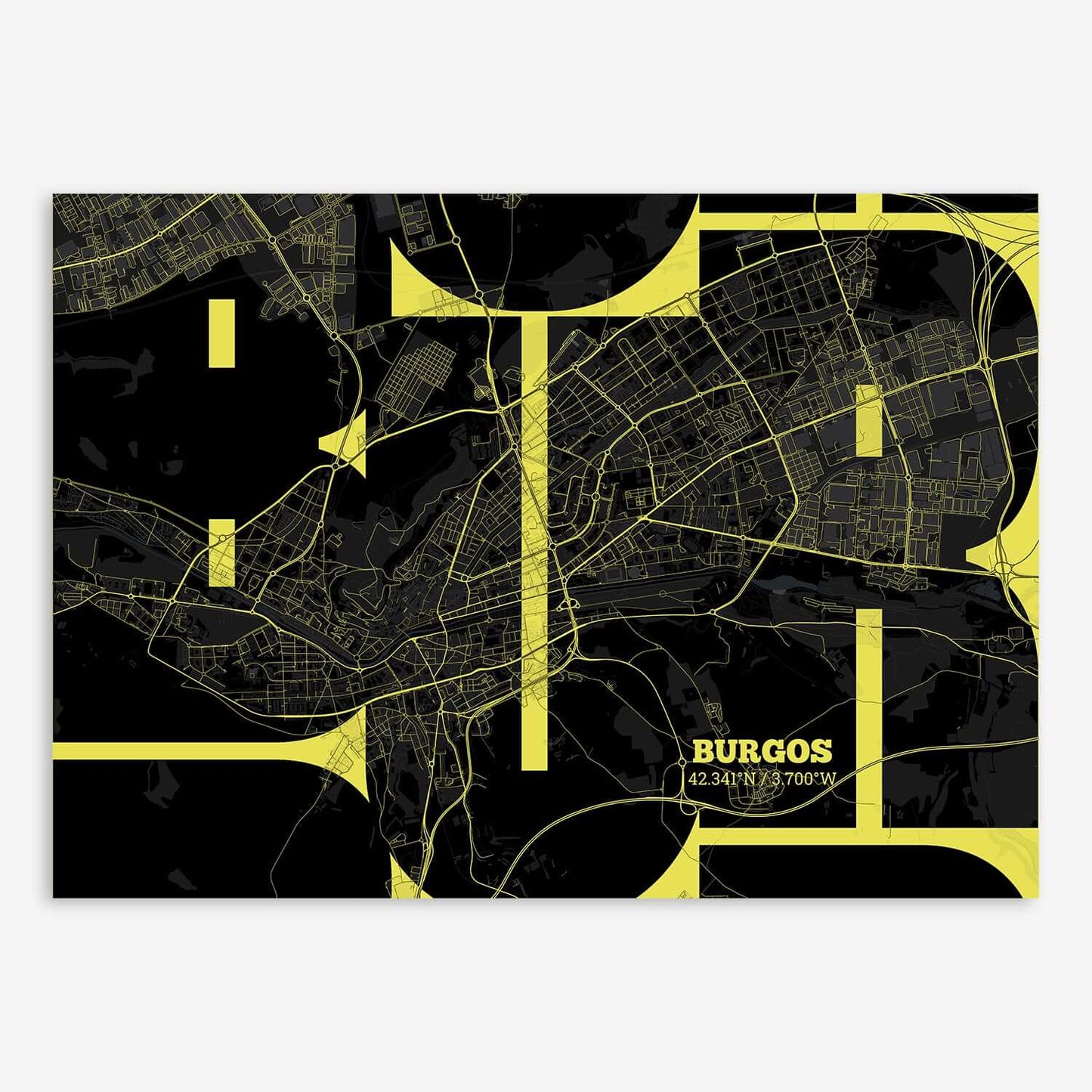 The map of Burgos composed with letters from its name or IATA code printed on black and yellow