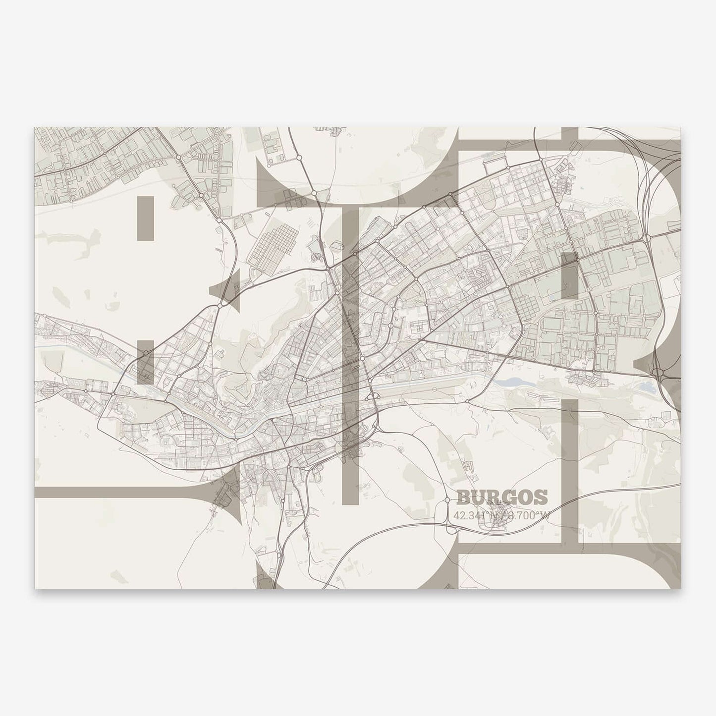 The map of Burgos composed with letters from its name or IATA code printed on light brown and an off-white background