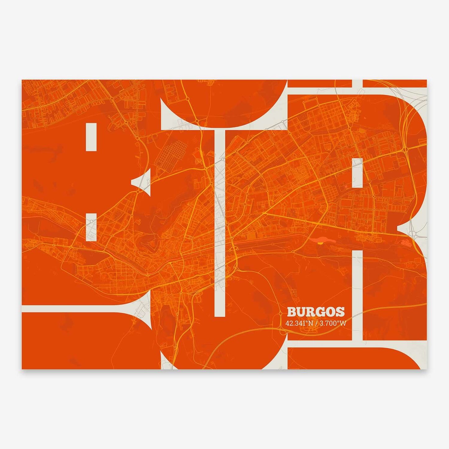 The map of Burgos composed with letters from its name or IATA code printed on orange and an off-white background