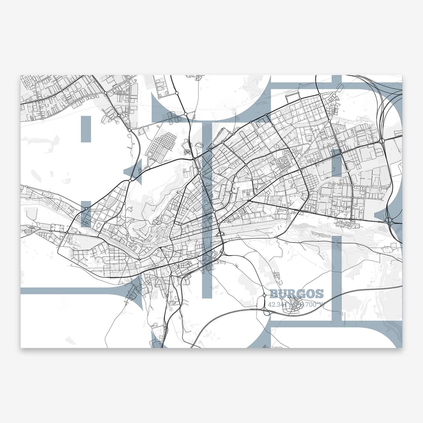 The map of Burgos composed with letters from its name or IATA code printed on black and white