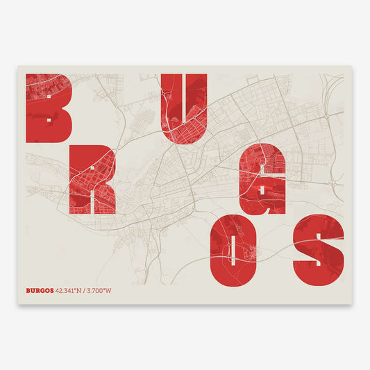 The map of Burgos with letters of its name placed randomly, designed in red and an off-white background