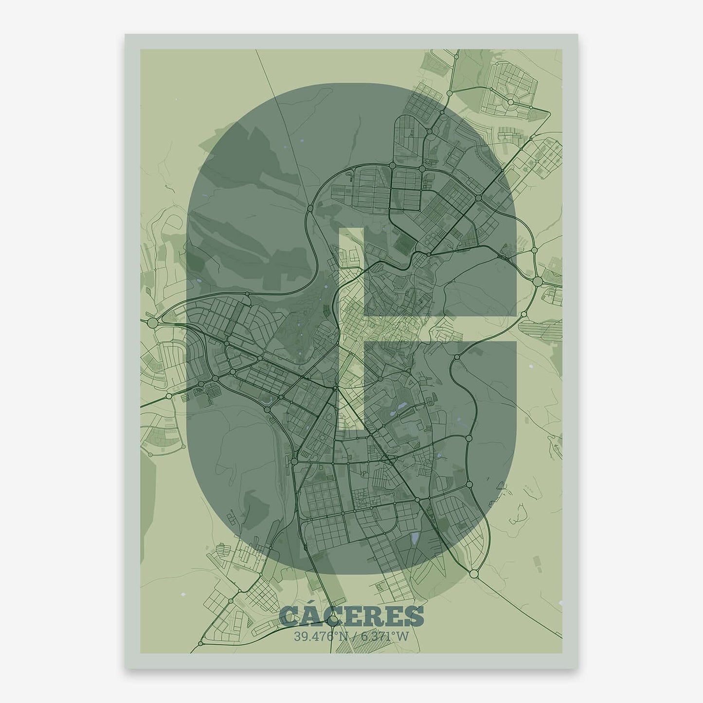 The map of Caceres composed with letters in a heavy geometric font printed on two green tones