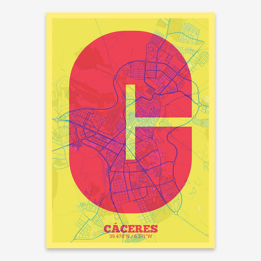 The map of Caceres composed with letters in a heavy geometric font printed on yellow and fuchsia