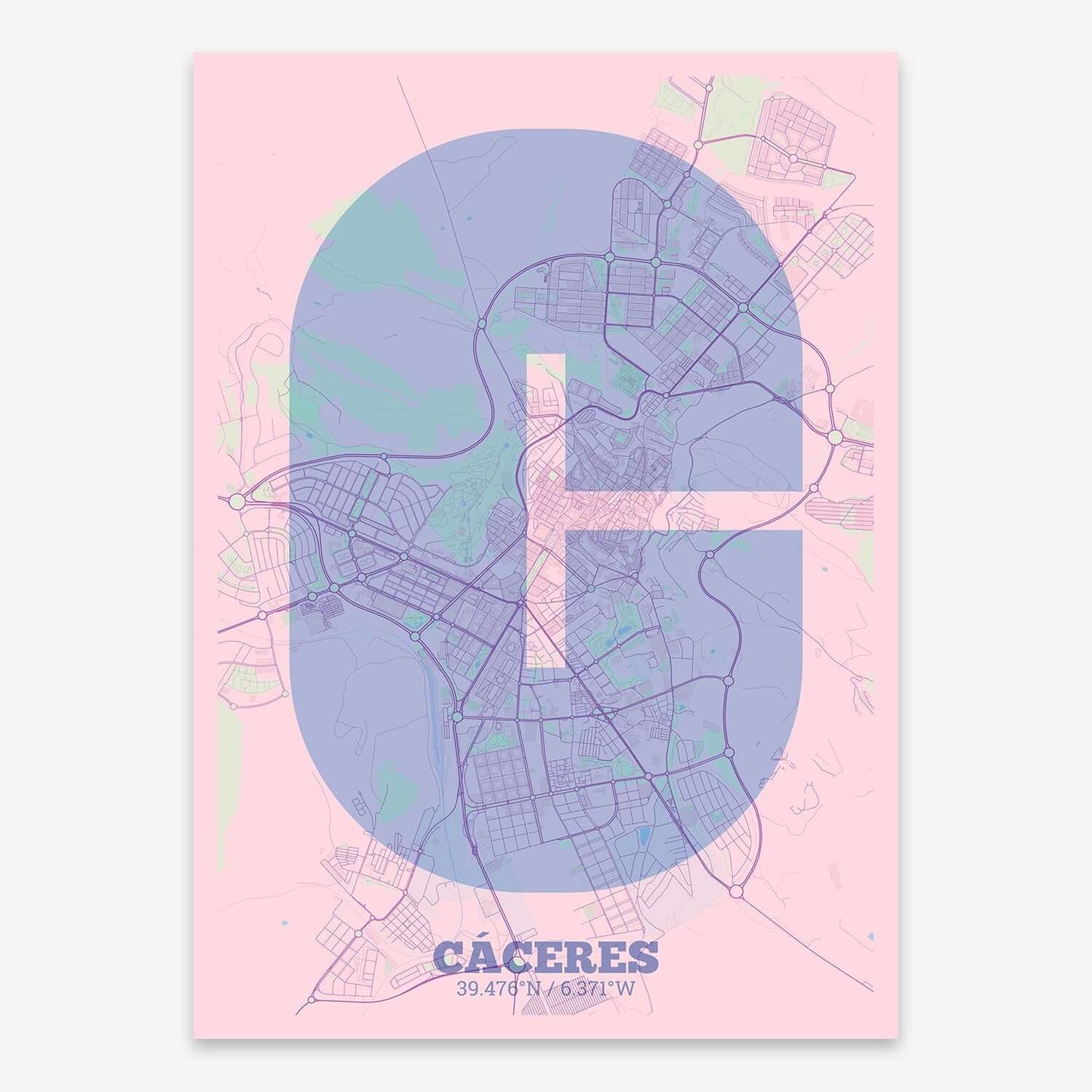 The map of Caceres composed with letters in a heavy geometric font printed on pink and light blue