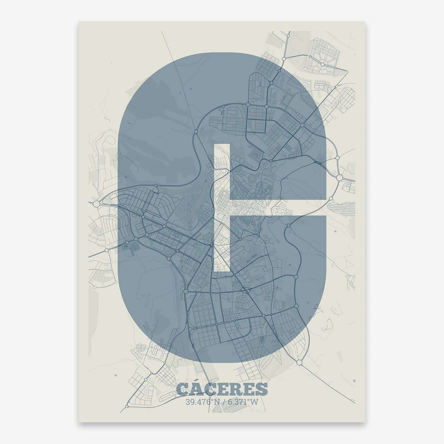 The map of Caceres composed with letters in a heavy geometric font printed on bluish gray and an off-white background