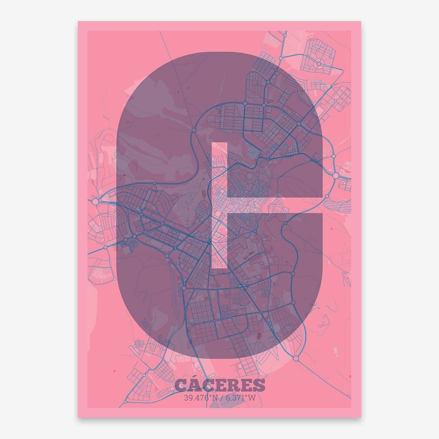 The map of Caceres composed with letters in a heavy geometric font printed on violet y pink background