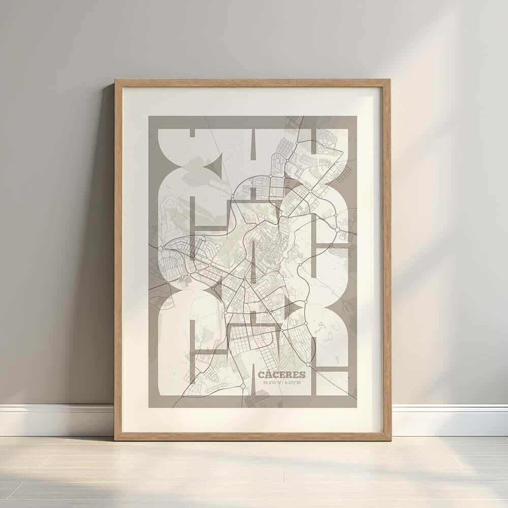 Póster artístico de Cáceres con tipografía geométrica - Decoración personalizada