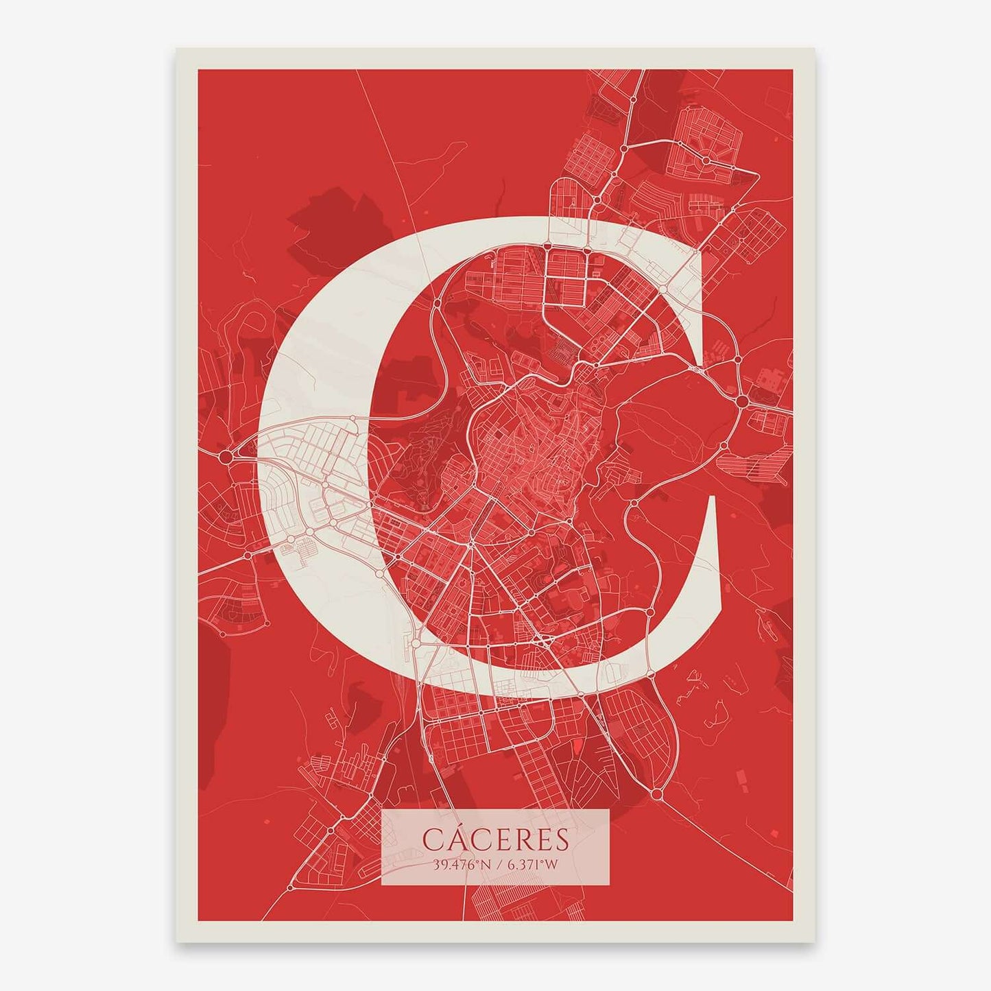 The map of Caceres composed with letters in serif font printed on red and an off-white background
