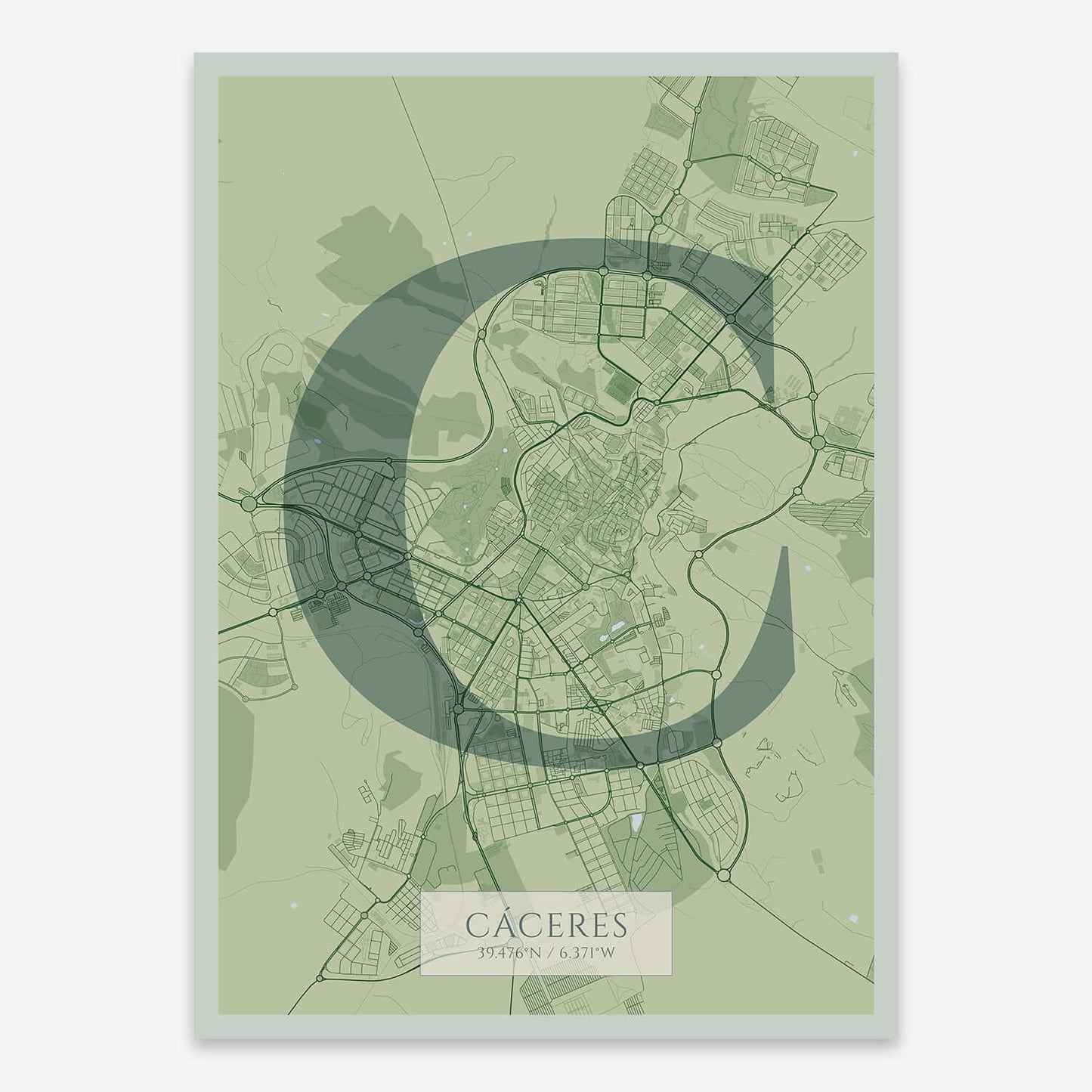 The map of Caceres composed with letters in serif font printed on two green tones