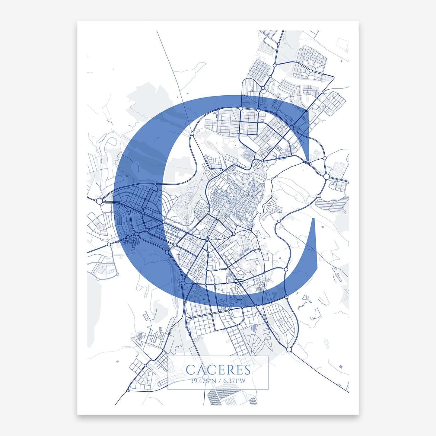 The map of Caceres composed with letters in serif font printed on navy blue and white