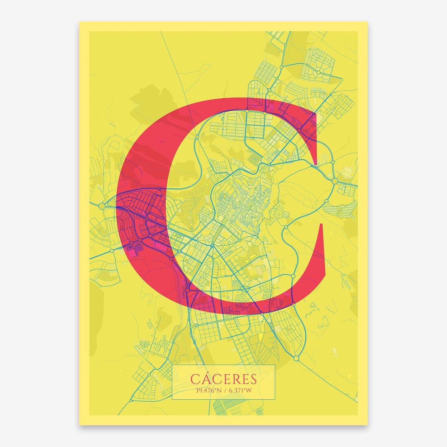 The map of Caceres composed with letters in serif font printed on yellow and fuchsia