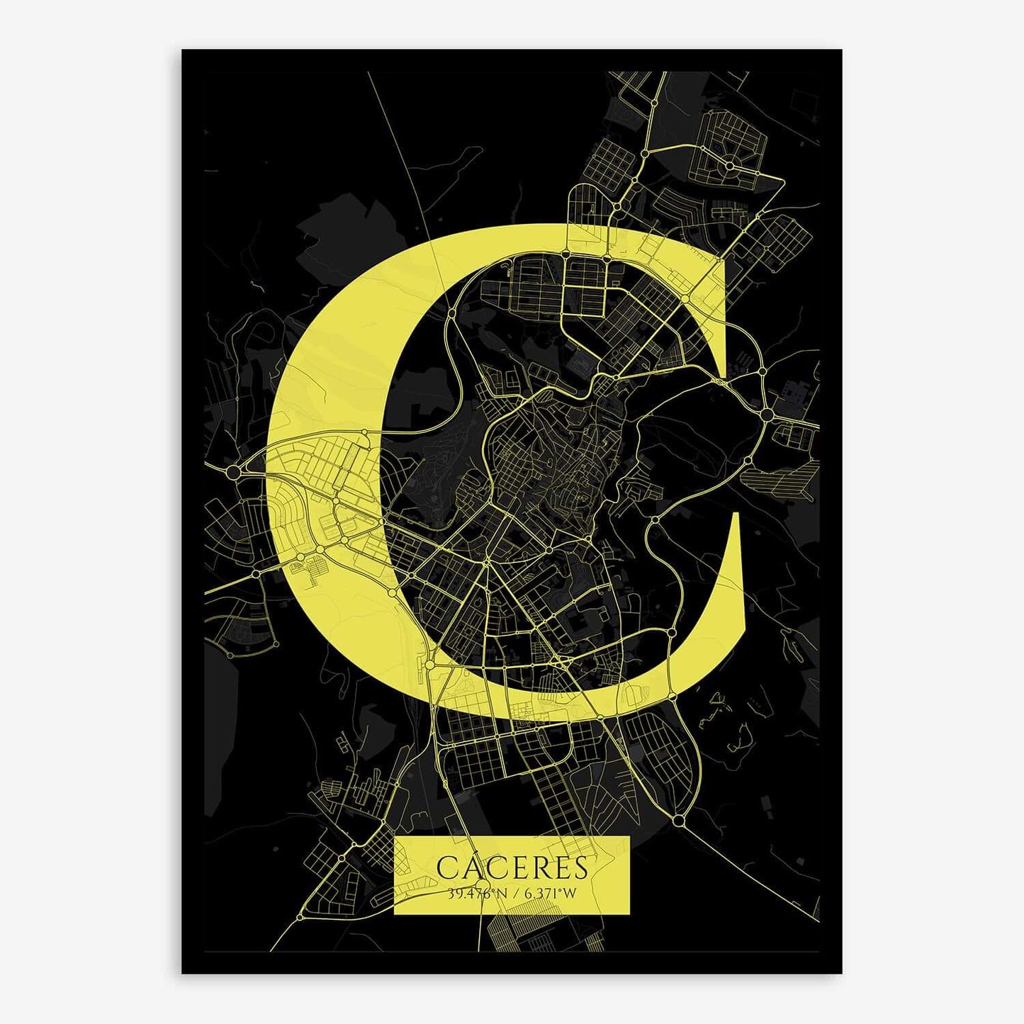 The map of Caceres composed with letters in serif font printed on black and yellow