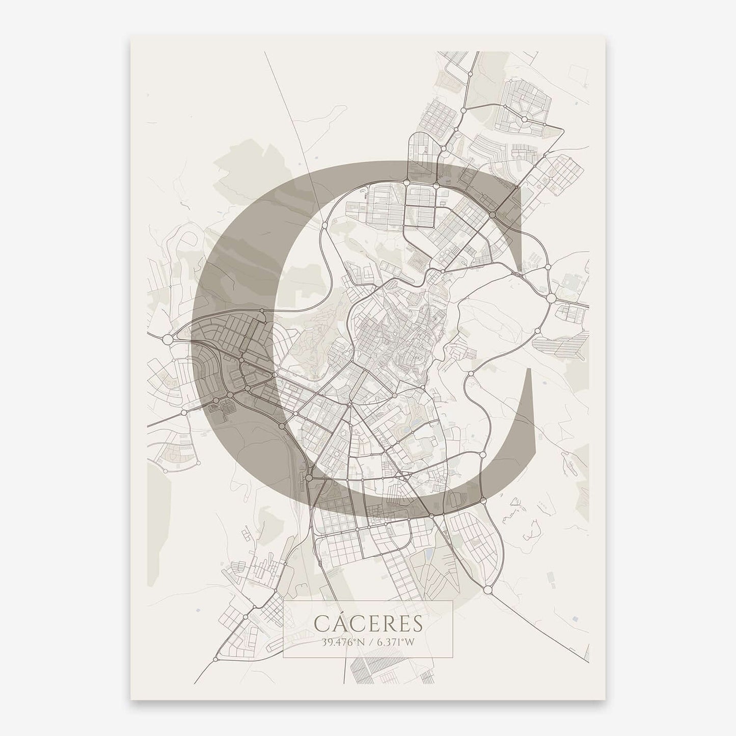 The map of Caceres composed with letters in serif font printed on light brown and an off-white background