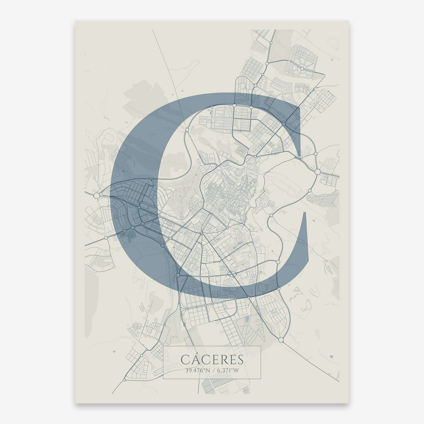 The map of Caceres composed with letters in serif font printed on bluish gray and an off-white background