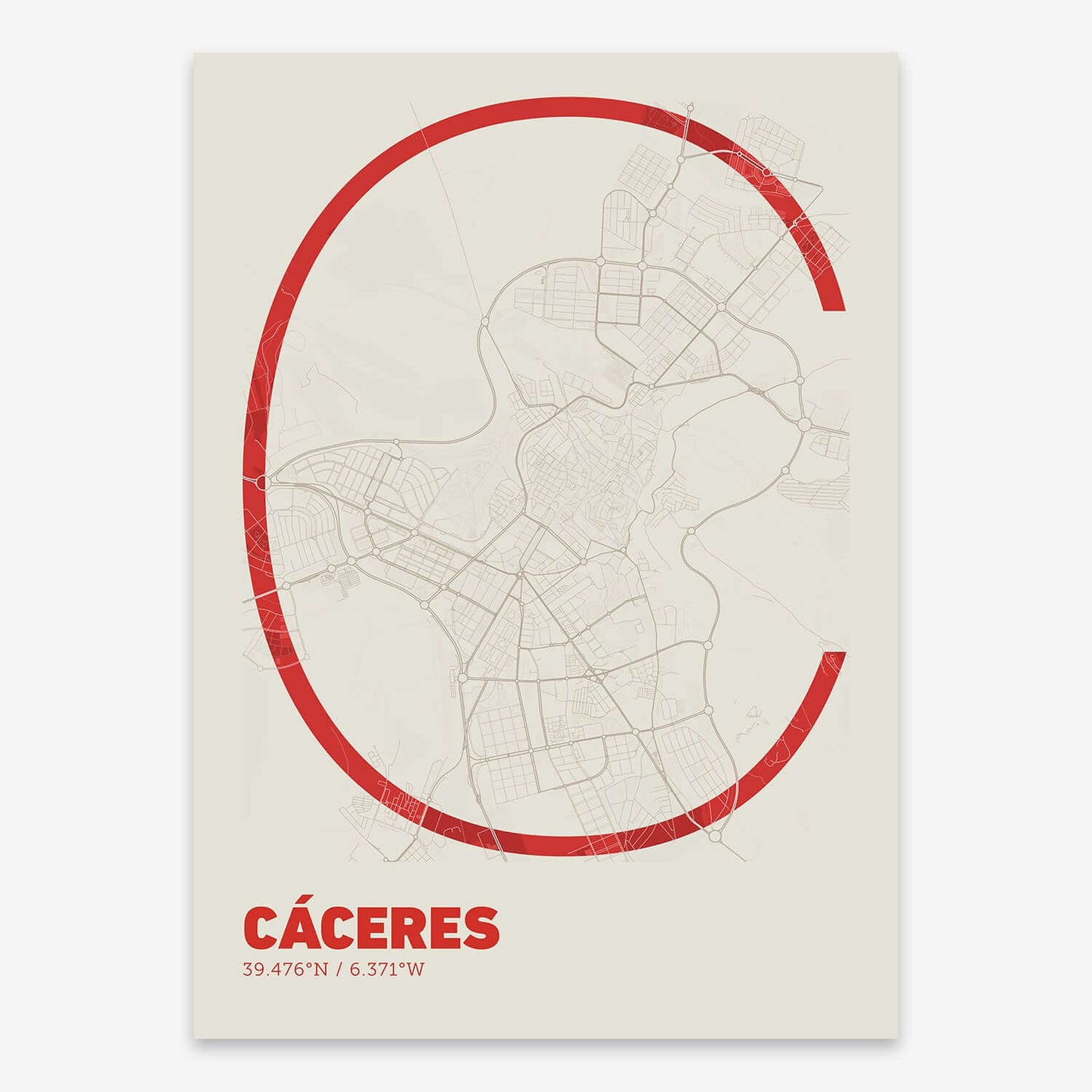 The map of Caceres composed with letters in extra light font printed on red and an off-white background