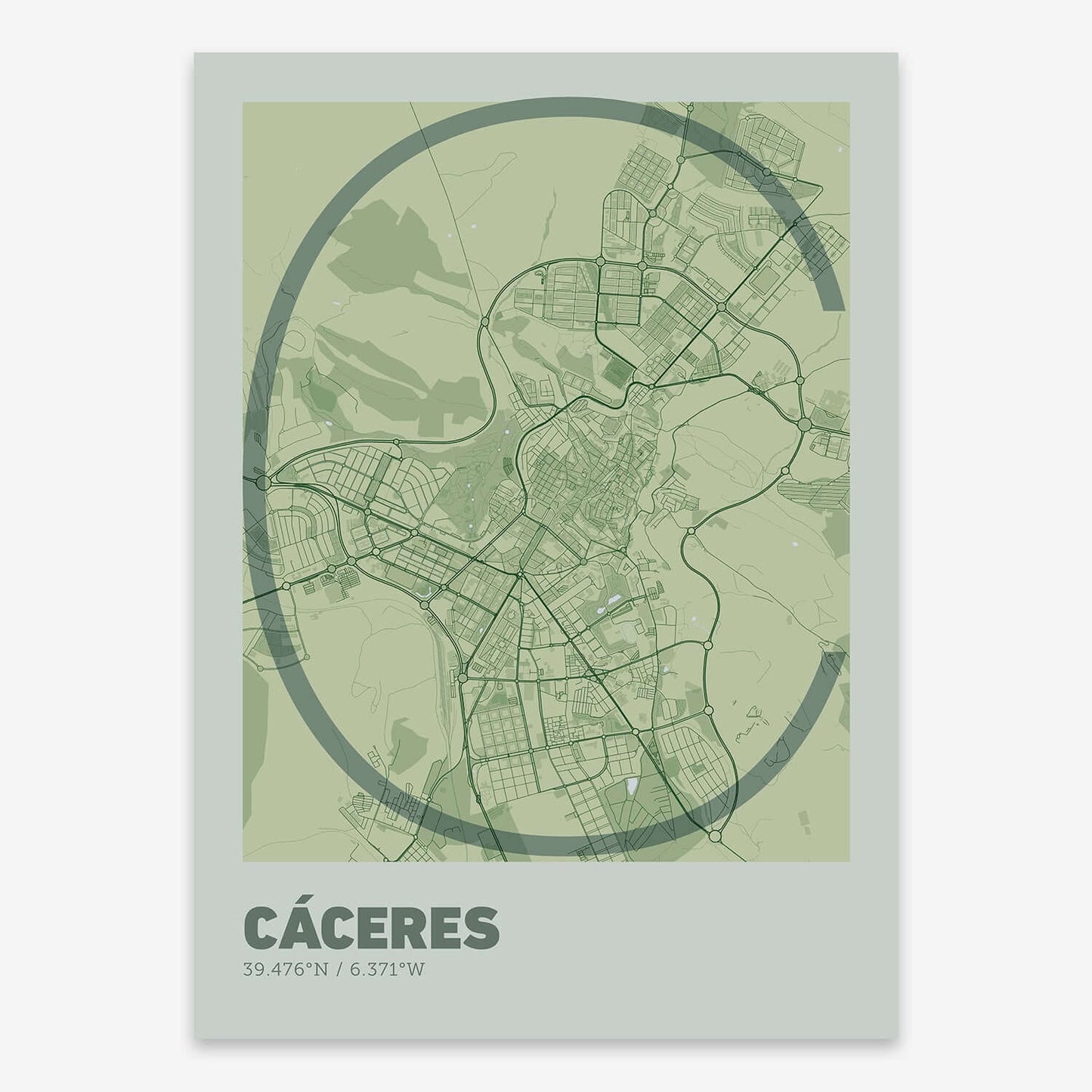 The map of Caceres composed with letters in extra light font printed on two green tones