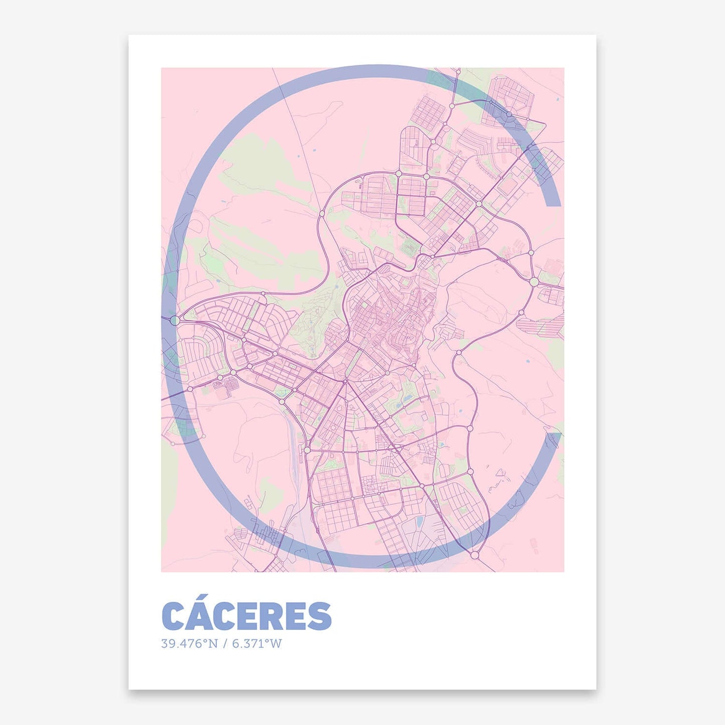 The map of Caceres composed with letters in extra light font printed on pink and light blue