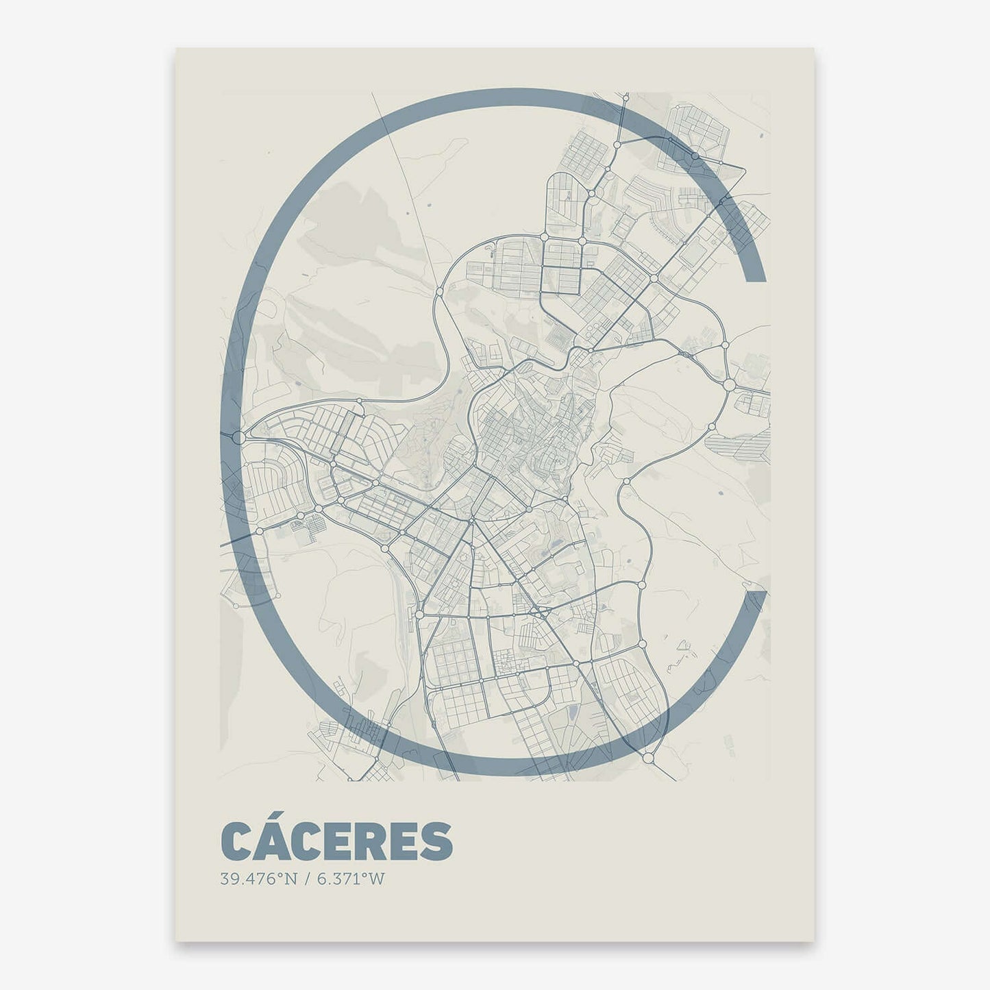 The map of Caceres composed with letters in extra light font printed on bluish gray and an off-white background