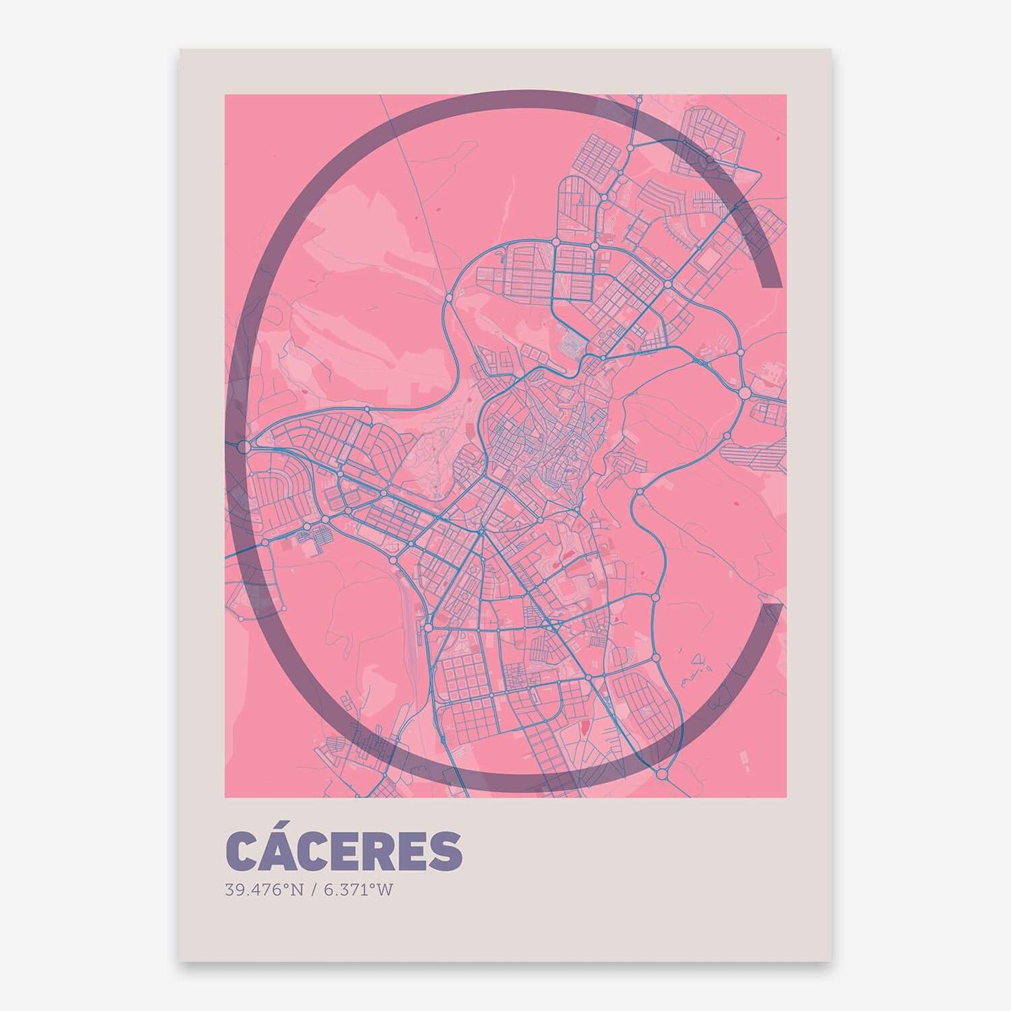 The map of Caceres composed with letters in extra light font printed on violet y pink background