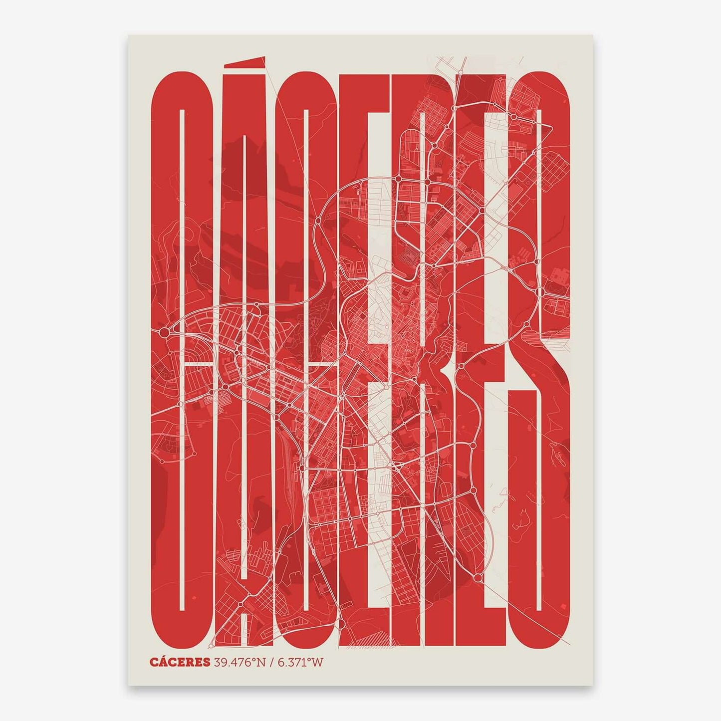 The map of Caceres and letters of its name in a giclée print designed in red and an off-white background