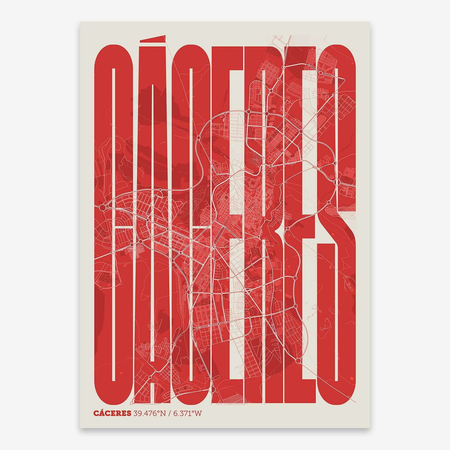 The map of Caceres and letters of its name in a giclée print designed in red and an off-white background