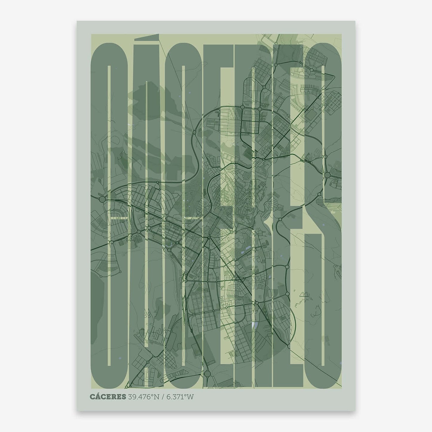 The map of Caceres and letters of its name in a giclée print designed in two green tones