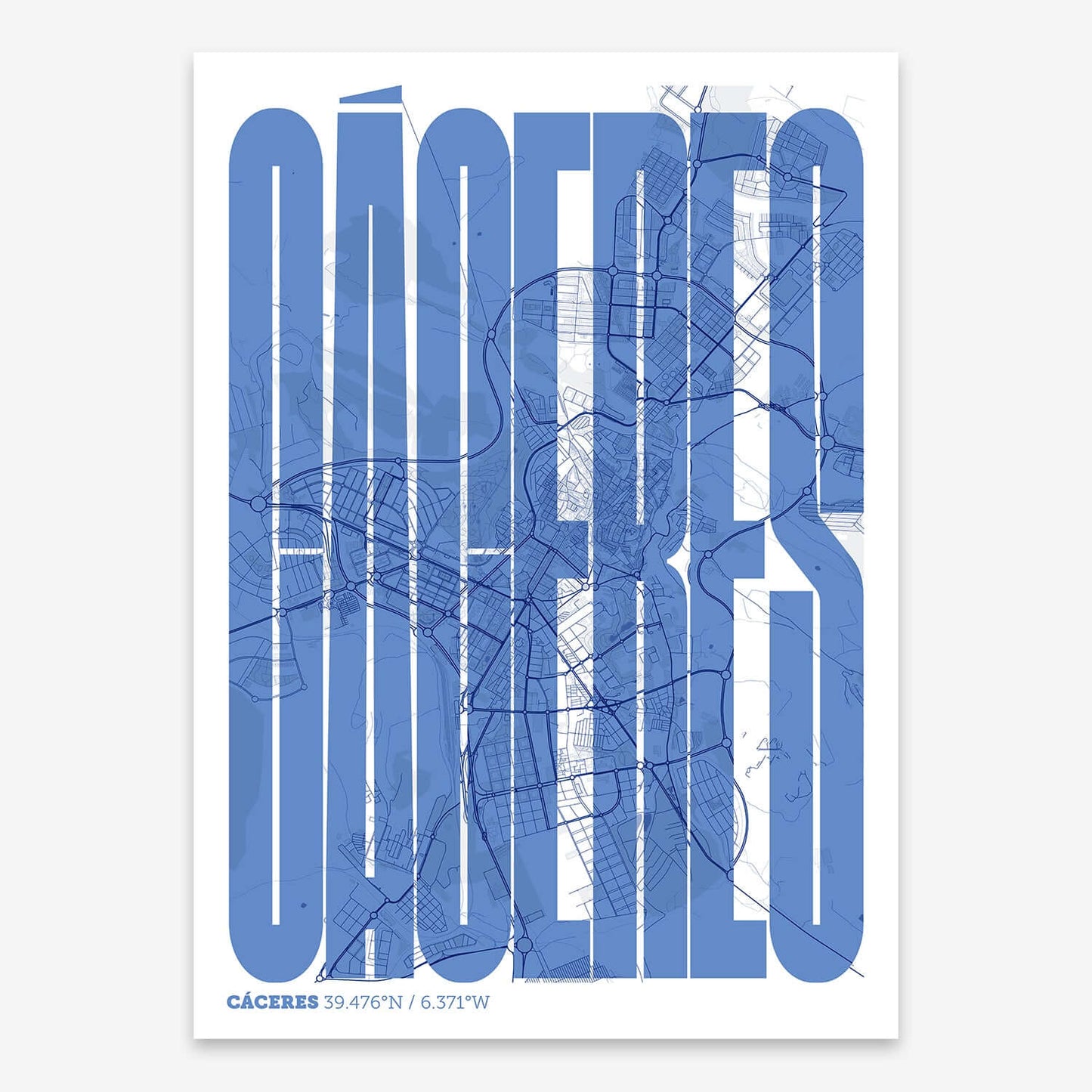 The map of Caceres and letters of its name in a giclée print designed in navy blue and white