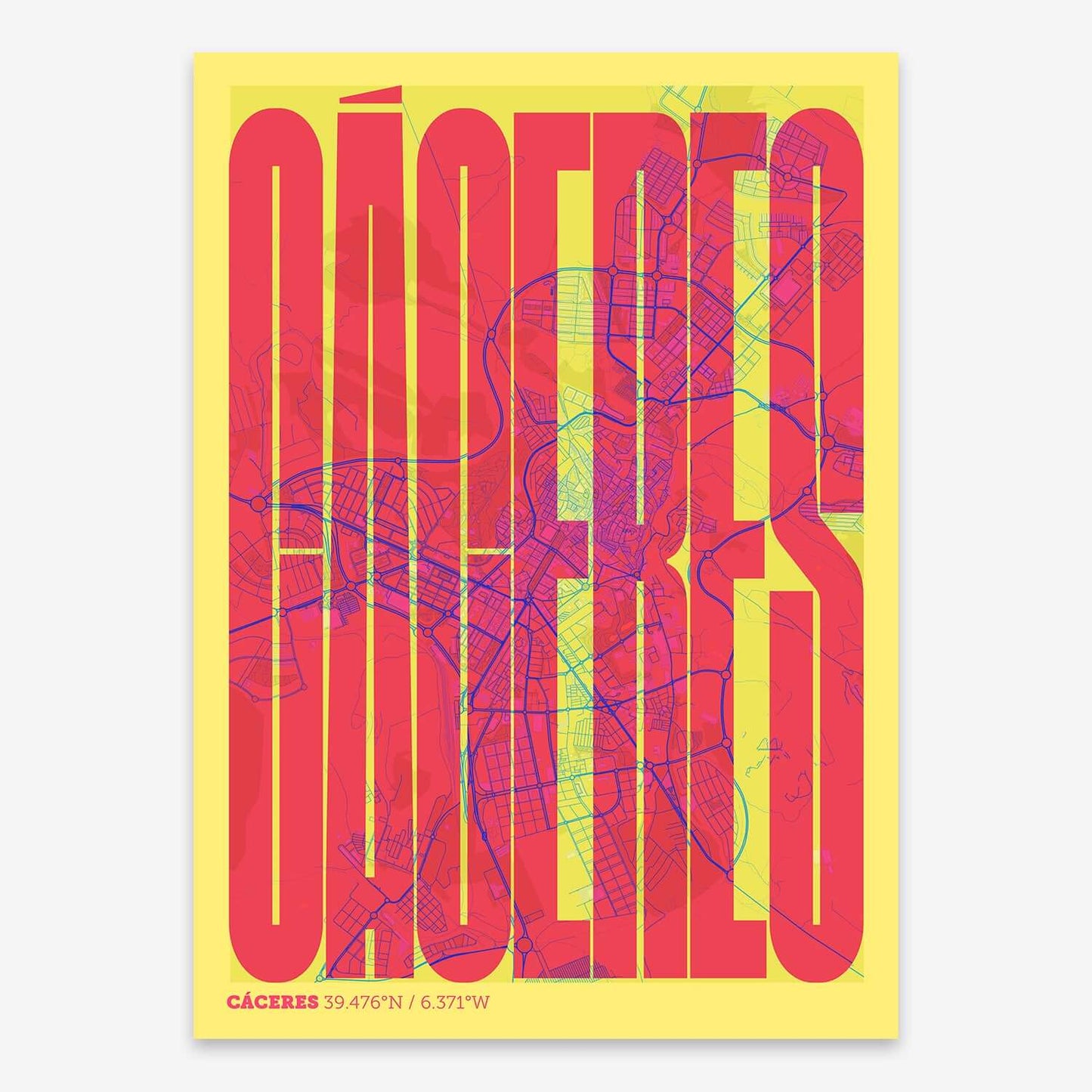 The map of Caceres and letters of its name in a giclée print designed in yellow and fuchsia