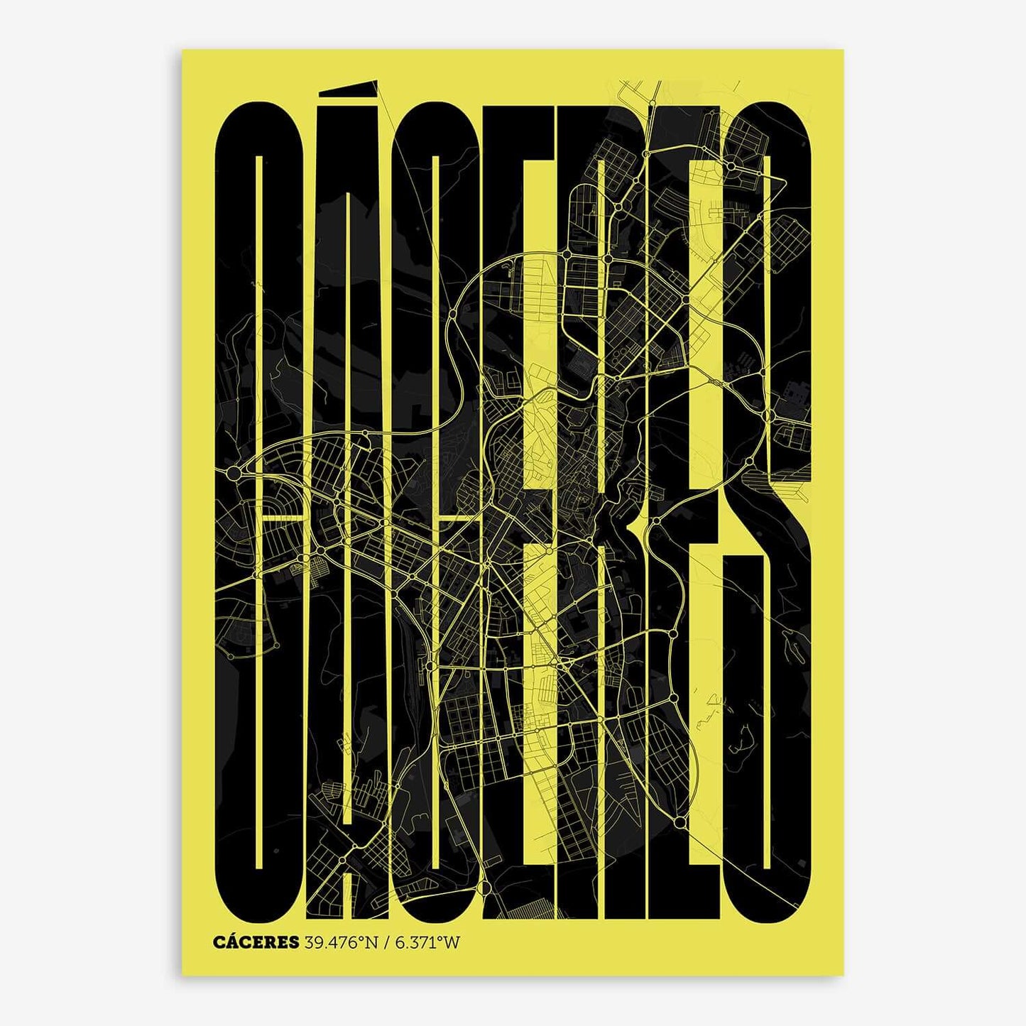 The map of Caceres and letters of its name in a giclée print designed in black and yellow