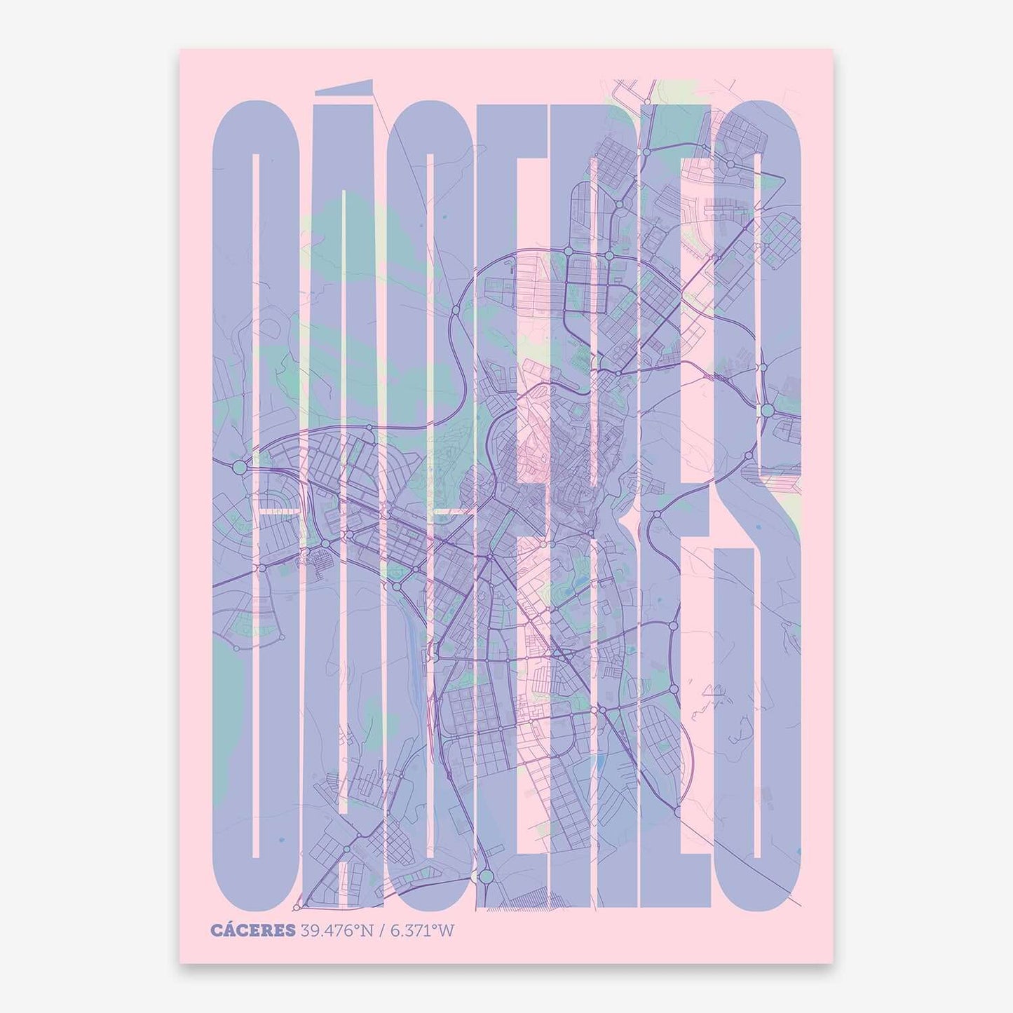 The map of Caceres and letters of its name in a giclée print designed in pink and light blue