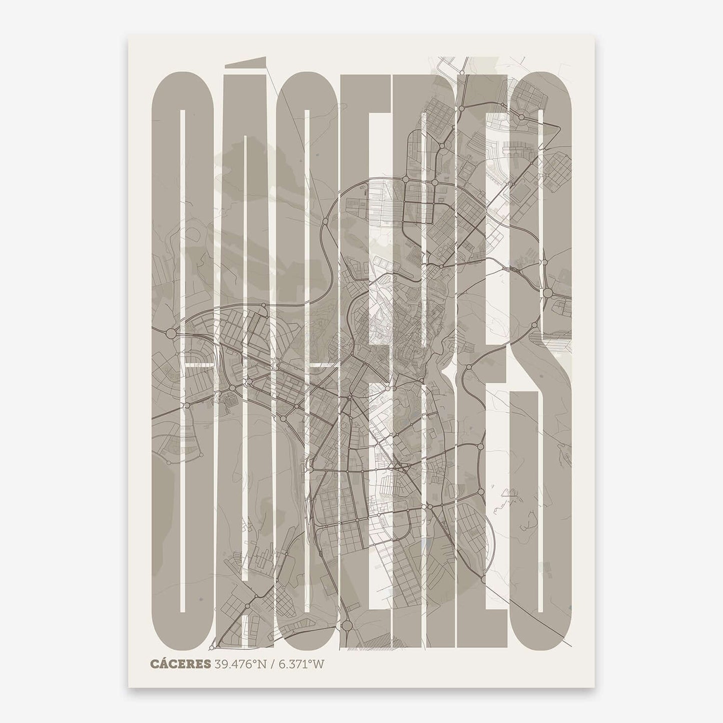 The map of Caceres and letters of its name in a giclée print designed in light brown and an off-white background