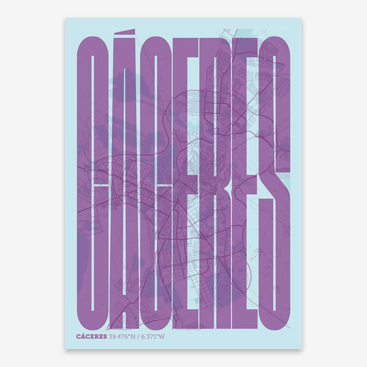 The map of Caceres and letters of its name in a giclée print designed in purple and light blue