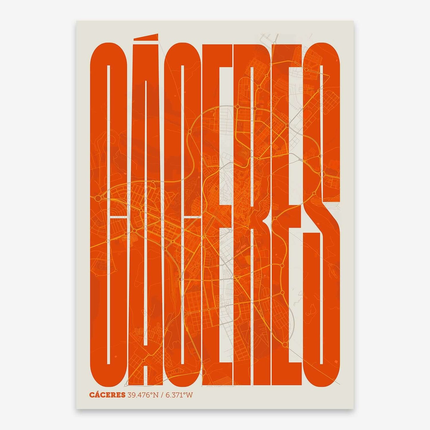 The map of Caceres and letters of its name in a giclée print designed in orange and an off-white background