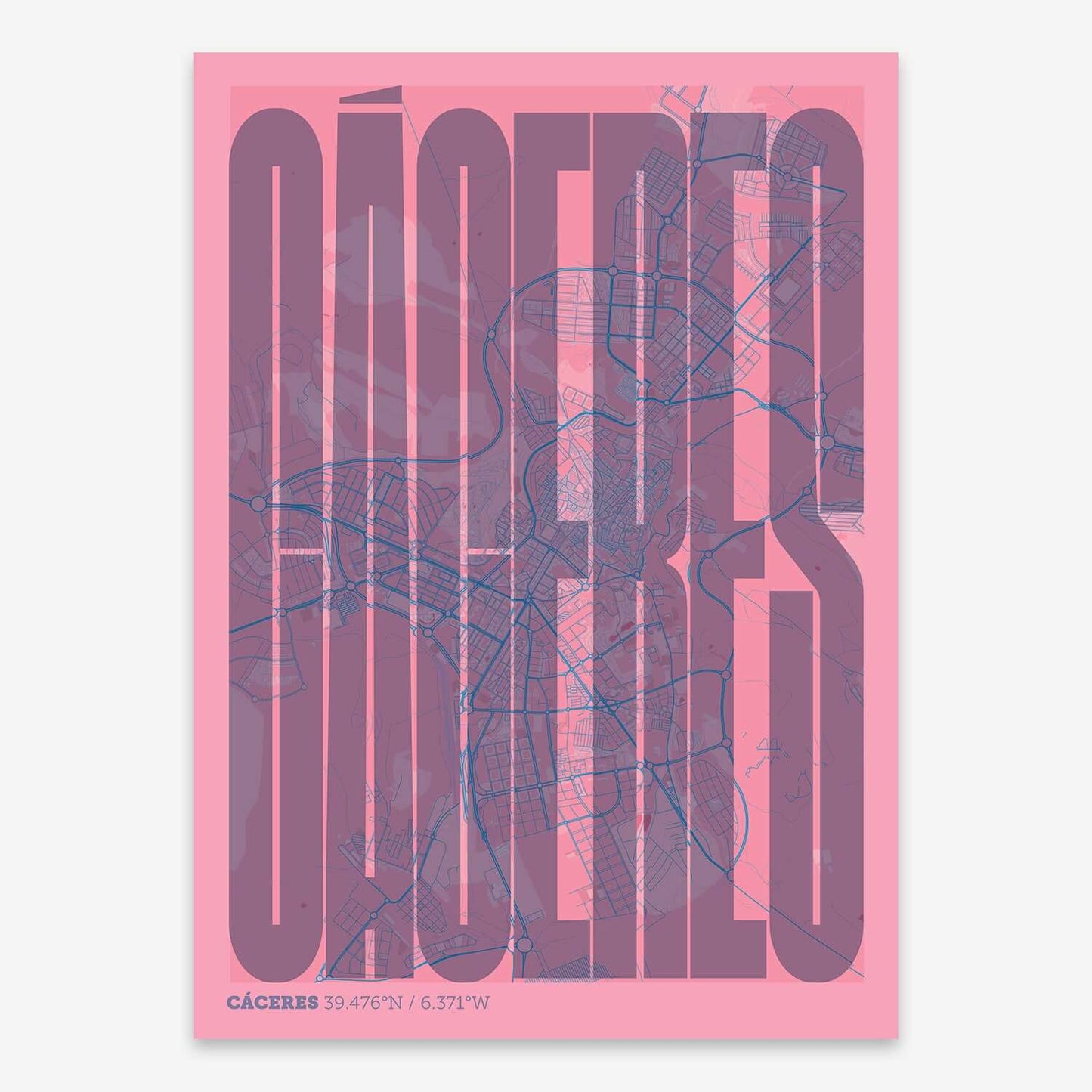 The map of Caceres and letters of its name in a giclée print designed in violet y pink background