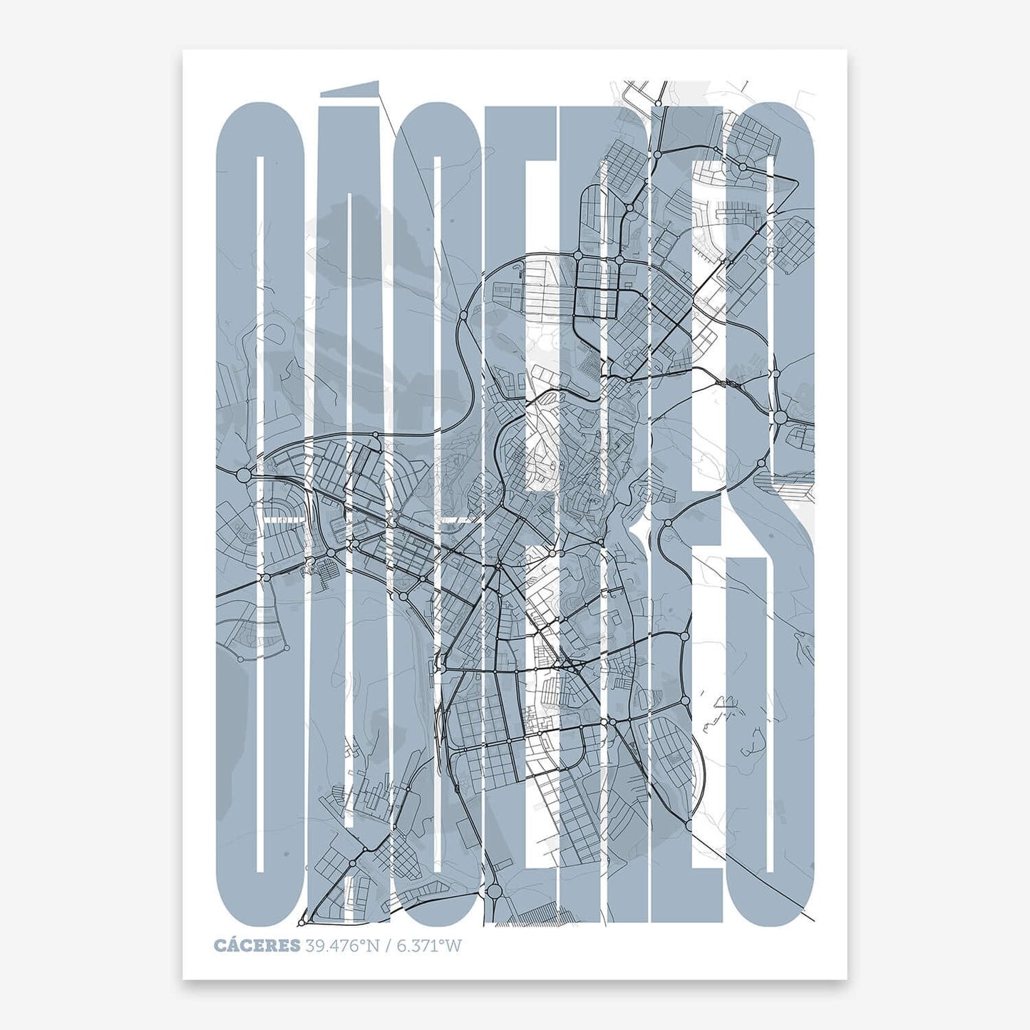 The map of Caceres and letters of its name in a giclée print designed in black and white