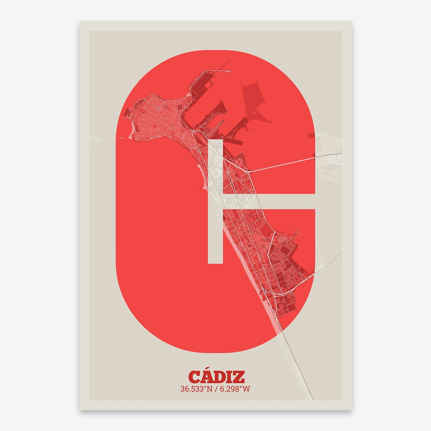 The map of Cadiz composed with letters in a heavy geometric font printed on red and an off-white background