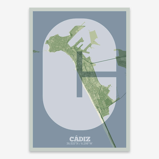 The map of Cadiz composed with letters in a heavy geometric font printed on two green tones