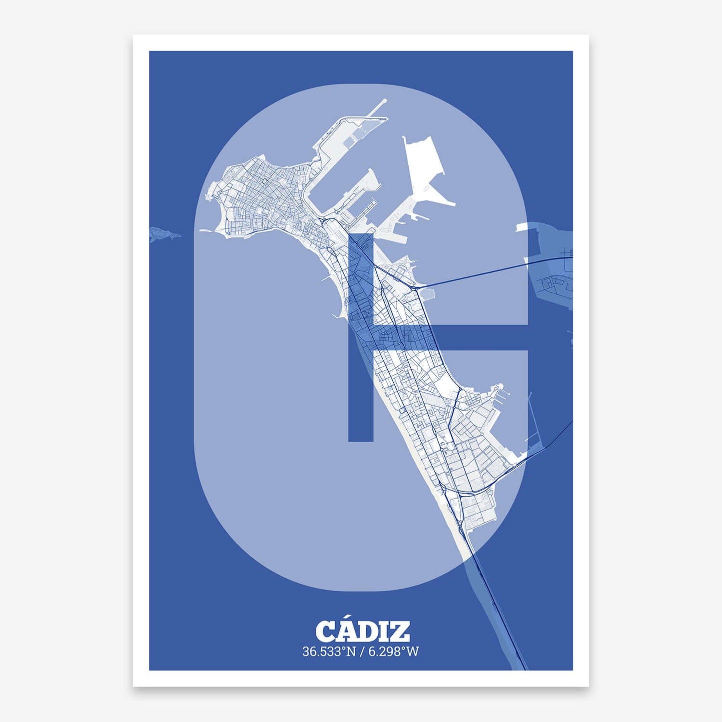 The map of Cadiz composed with letters in a heavy geometric font printed on navy blue and white