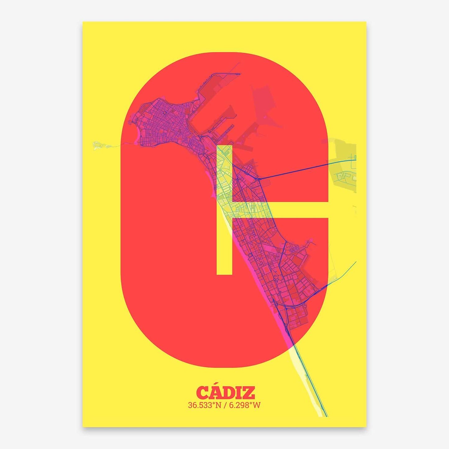 The map of Cadiz composed with letters in a heavy geometric font printed on yellow and fuchsia