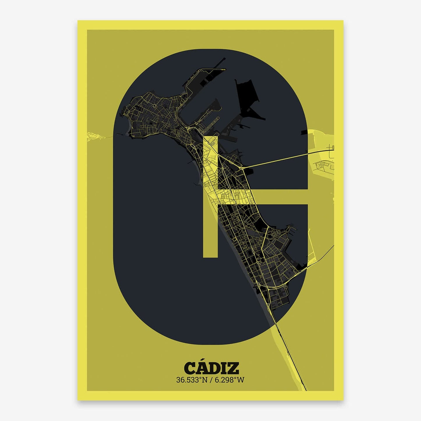The map of Cadiz composed with letters in a heavy geometric font printed on black and yellow