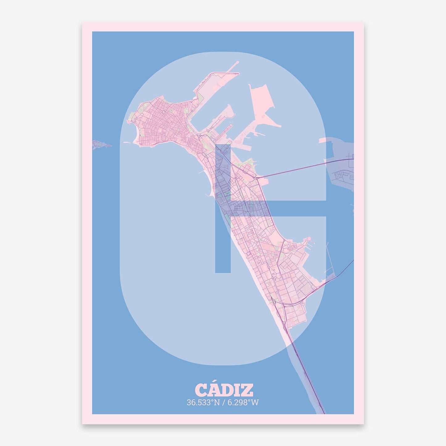 The map of Cadiz composed with letters in a heavy geometric font printed on pink and light blue