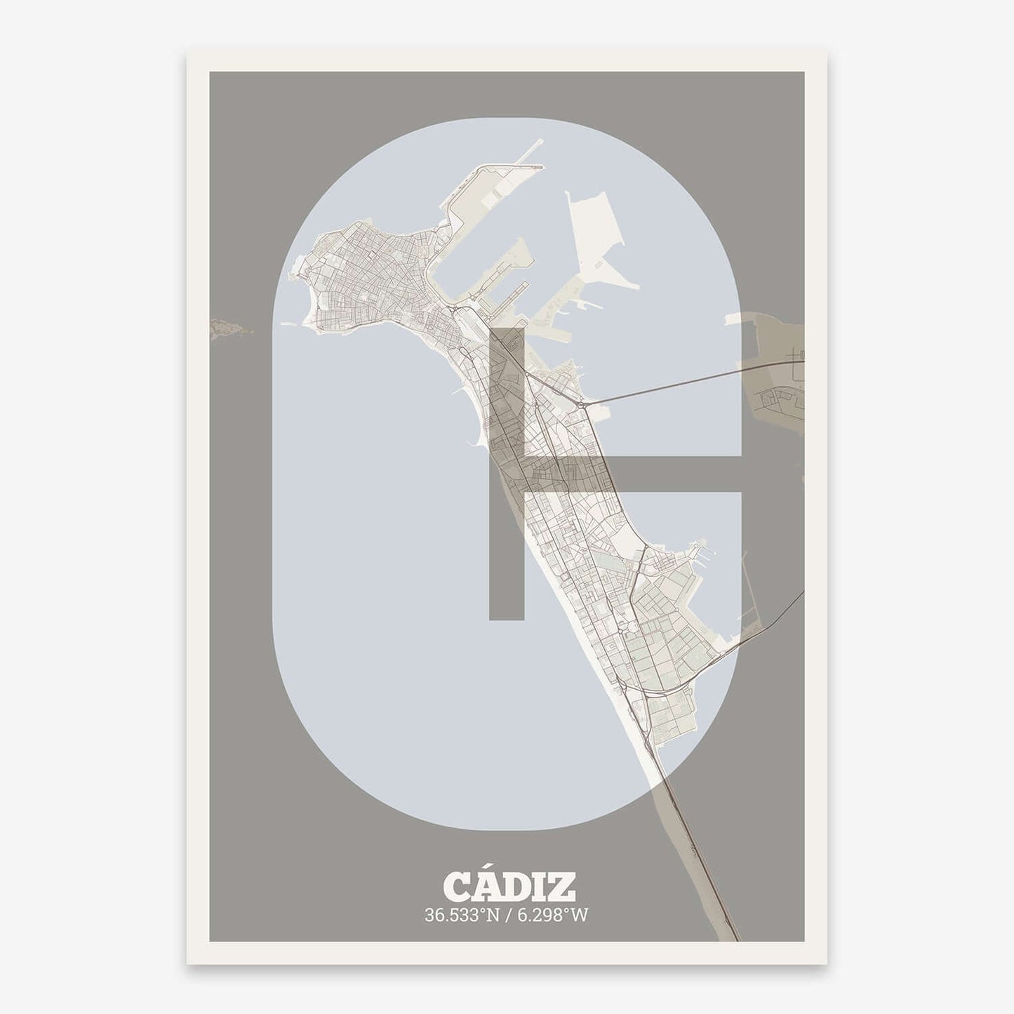 The map of Cadiz composed with letters in a heavy geometric font printed on light brown and an off-white background