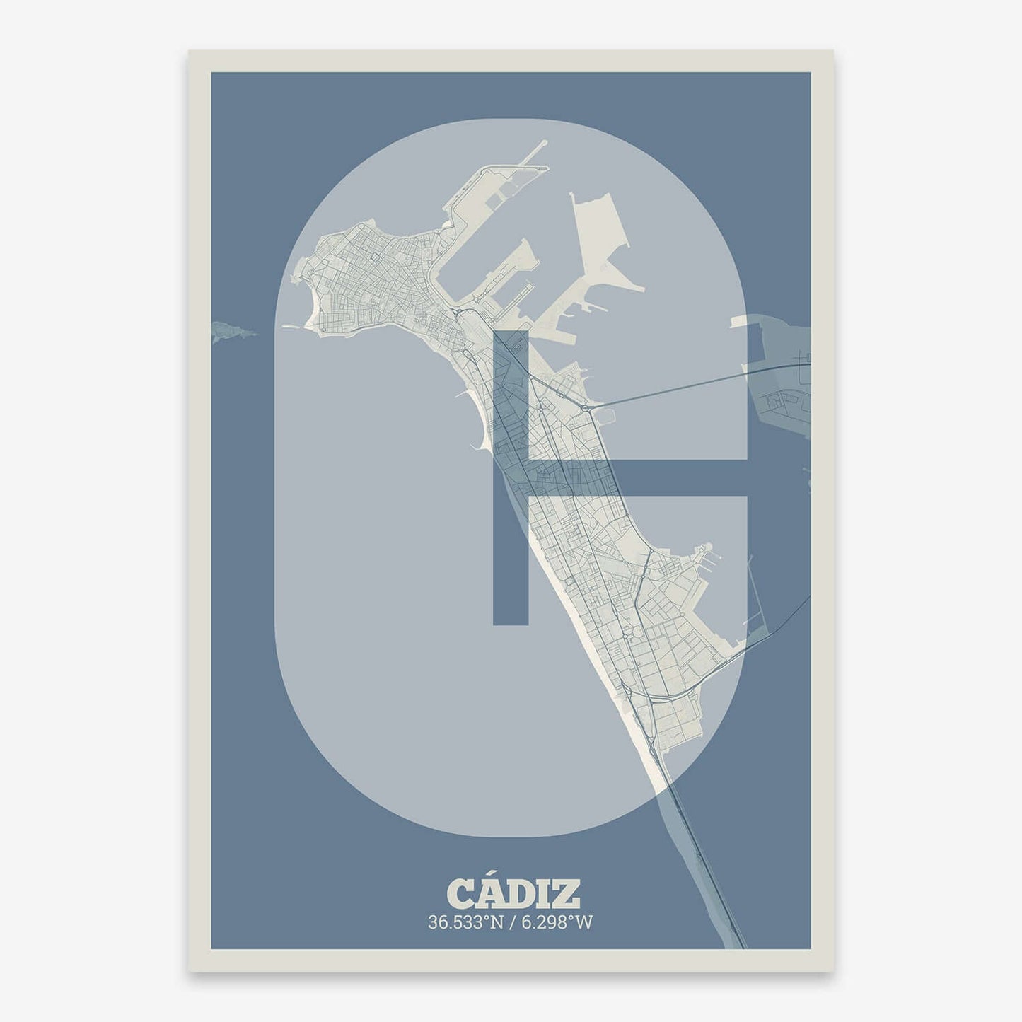 The map of Cadiz composed with letters in a heavy geometric font printed on bluish gray and an off-white background